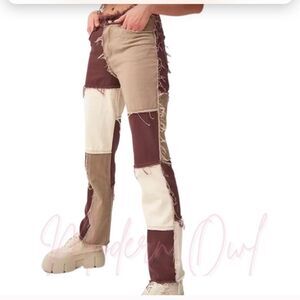New! Stretch Retro Color Block Mixed Media  Patchwork Raw edge Jean Pants